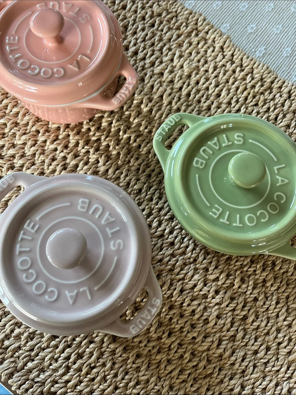 Staub Three-Piece Mini Cocotte Collection in Pink, Green, Taupe